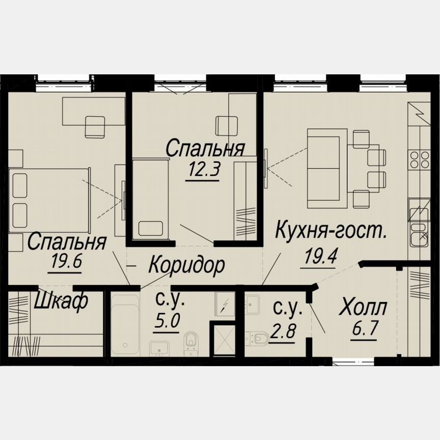 2-к. квартира, 69,2 м², 5/8 эт.