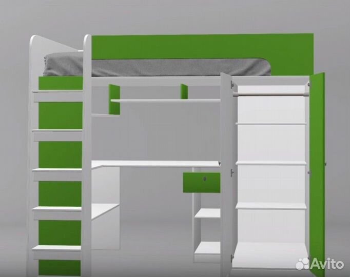 Кровать чердак со столом и шкафом Дуб Молочный/Гол