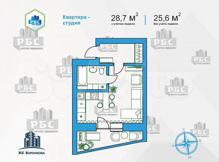 Квартира-студия, 28,7 м², 4/16 эт.