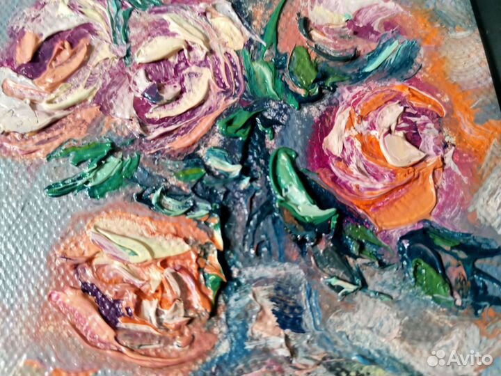 Картина букет роз маслом в раме ценапереезд