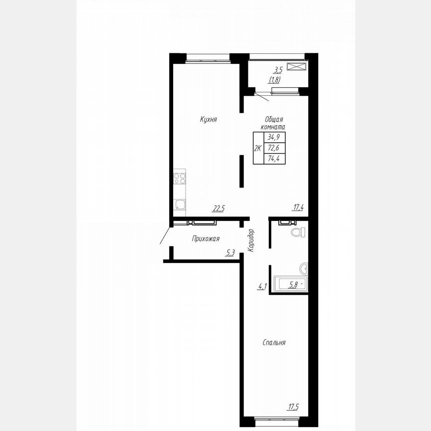 2-к. квартира, 74,4 м², 4/17 эт.
