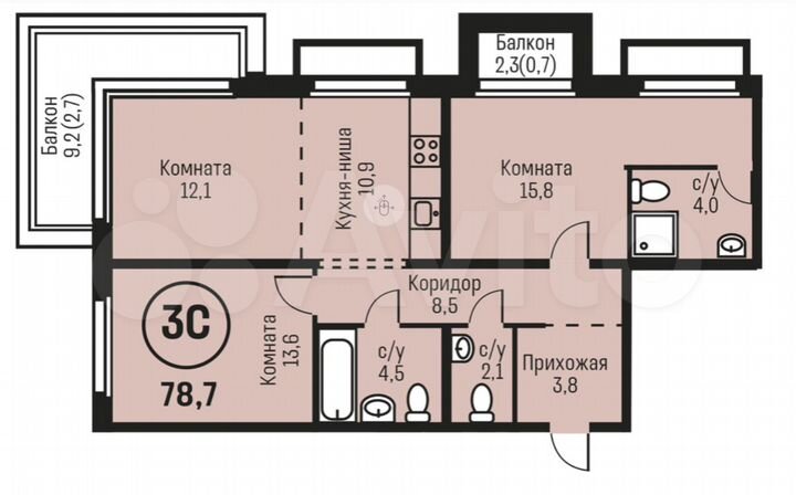3-к. квартира, 78,7 м², 2/7 эт.