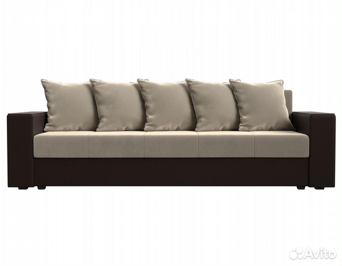 Диван прямой Дубай Лайт полки справа, микровельвет, экокожа, бежевый, коричневый