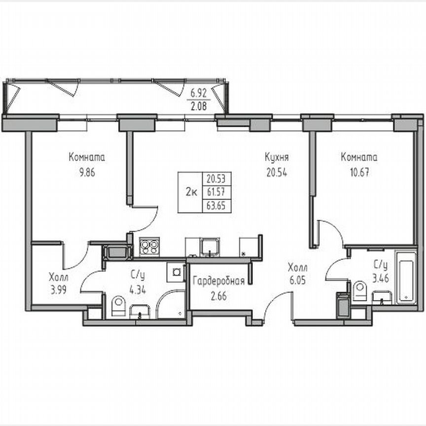2-к. квартира, 63,7 м², 16/23 эт.