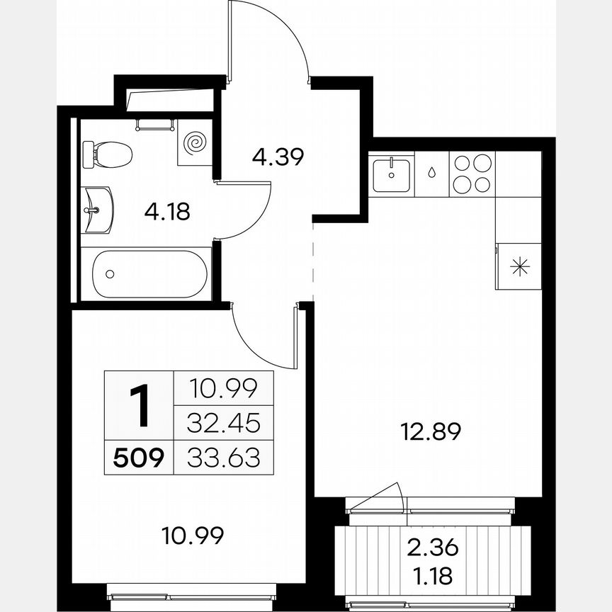 1-к. квартира, 33,6 м², 8/9 эт.