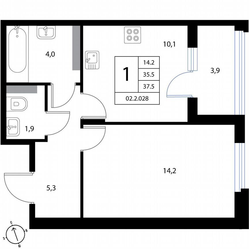 1-к. квартира, 37,5 м², 2/3 эт.