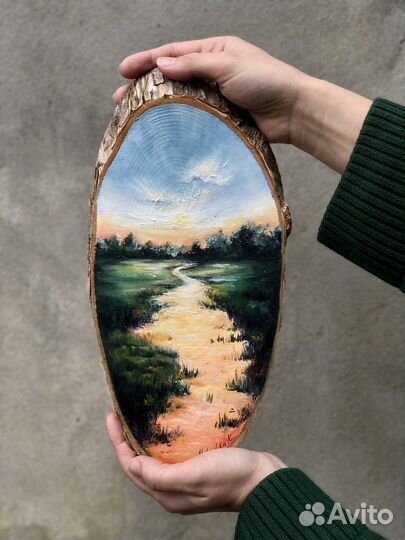 Маленькая картина маслом/дерево/пейзаж/закат