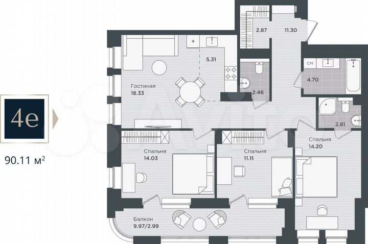 4-к. квартира, 90,1 м², 21/24 эт.