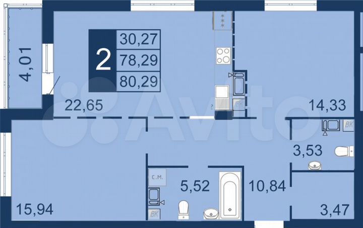 2-к. квартира, 80,3 м², 3/14 эт.