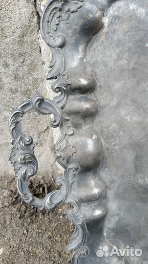 Старинный медный посеребрённый поднос