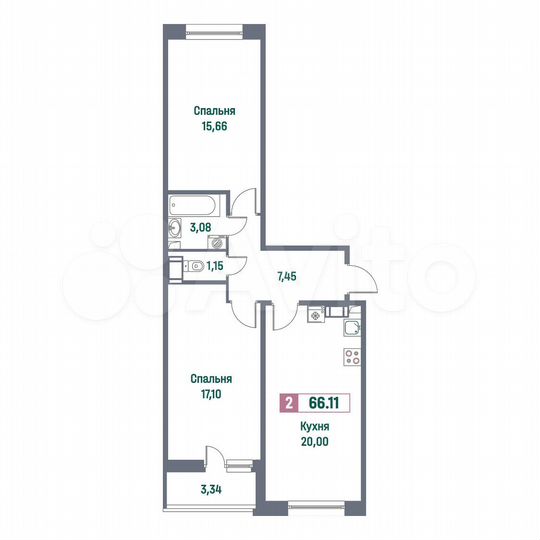 2-к. квартира, 66,1 м², 5/16 эт.