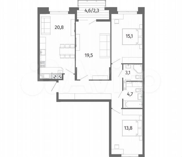 3-к. квартира, 94,6 м², 12/13 эт.