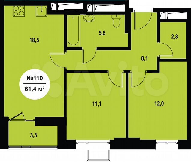 2-к. квартира, 61,4 м², 6/10 эт.