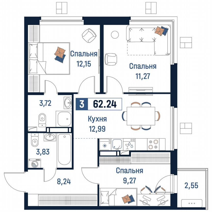 3-к. квартира, 62,2 м², 15/18 эт.