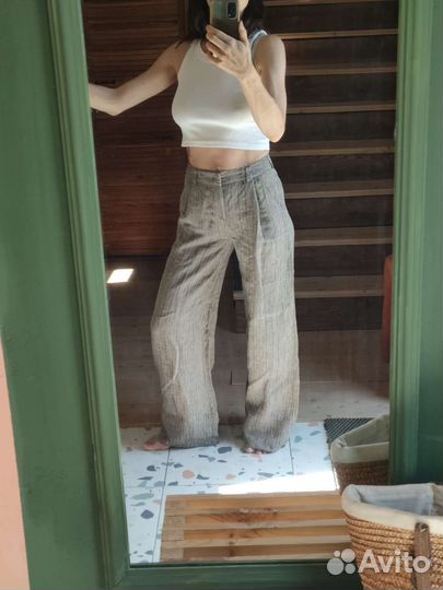 Брюки палаццо лен серый меланж 40-42