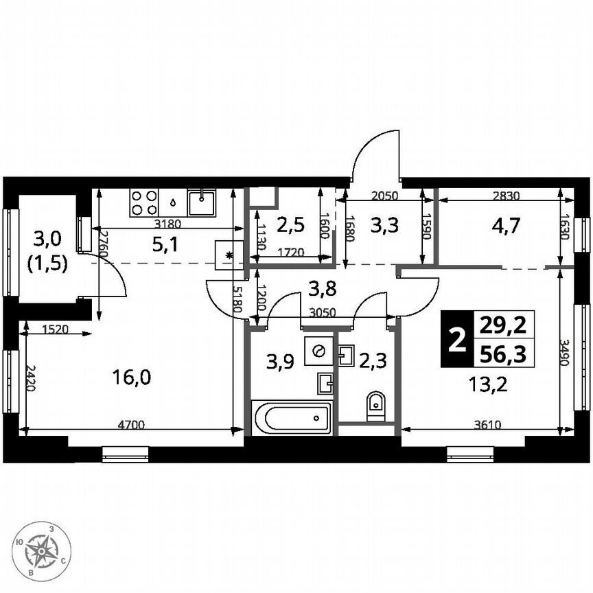 1-к. квартира, 56,3 м², 17/18 эт.