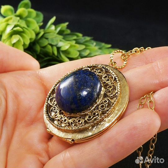 Медальон Кулон Лазурит Синий круглый antique gold