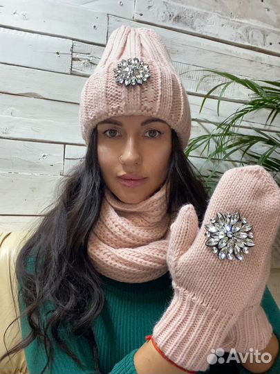 Женская Шапка снуд варежки комплект 3 в 1