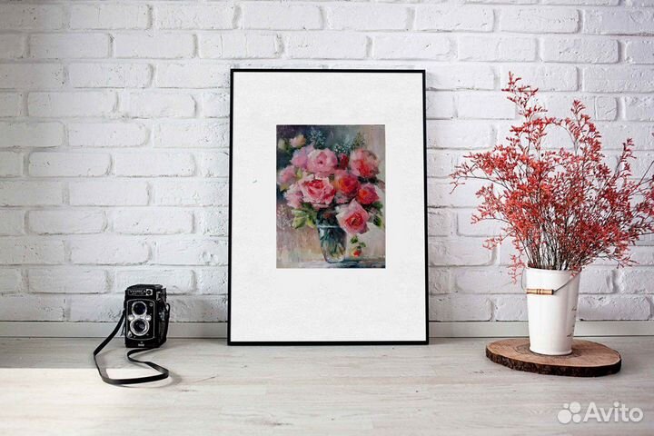 Картина маслом Букет Цветы Розы в вазе