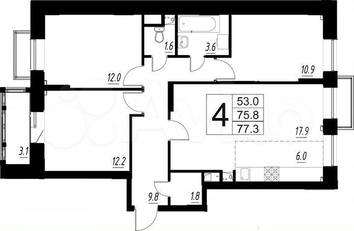 4-к. квартира, 75,8 м², 6/8 эт.
