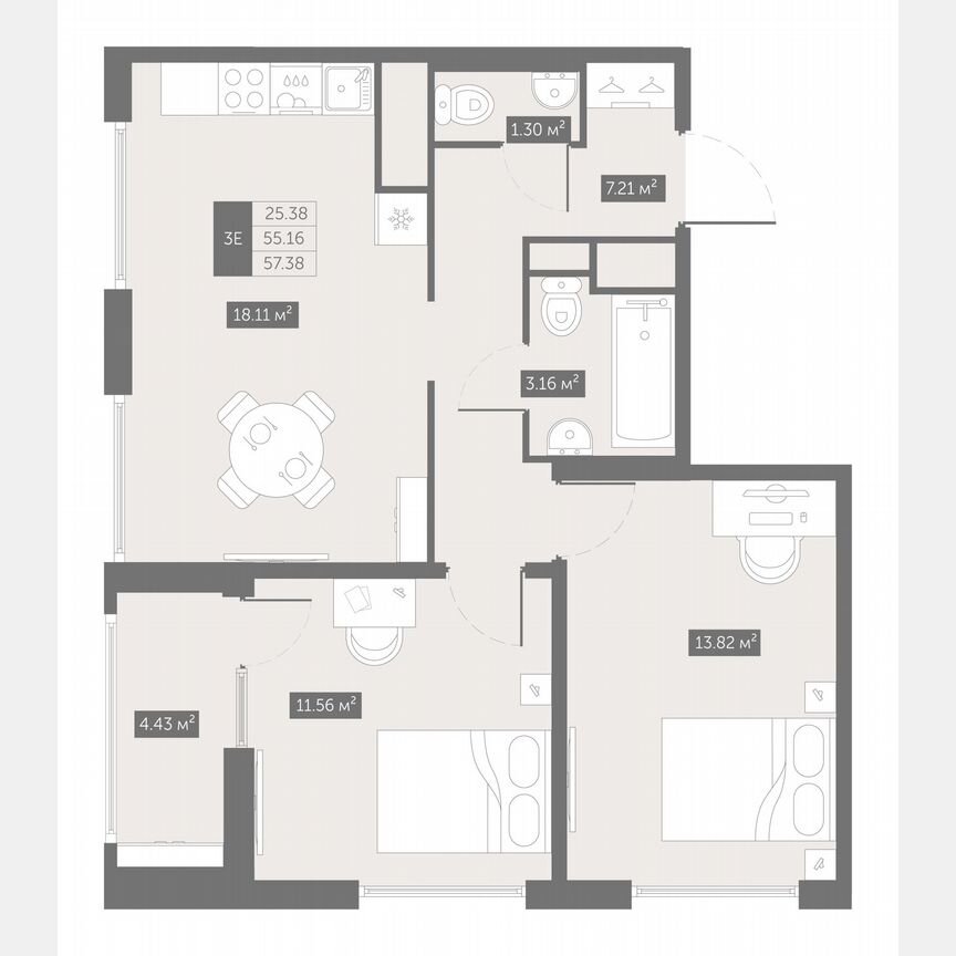 2-к. квартира, 57,4 м², 6/10 эт.