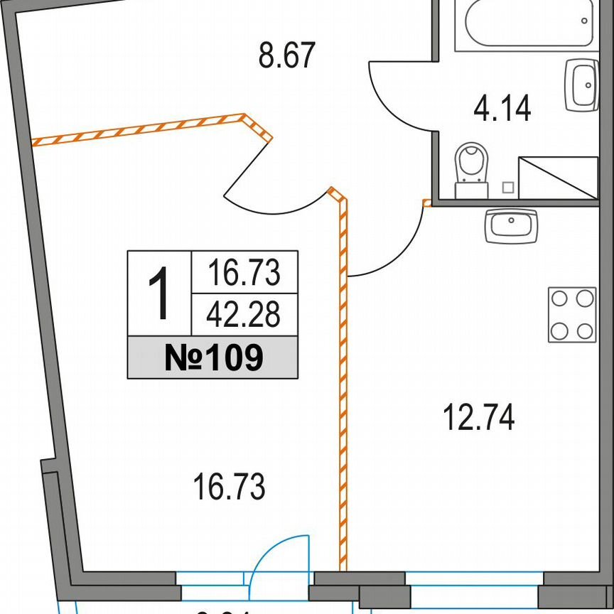 1-к. квартира, 42,3 м², 2/21 эт.