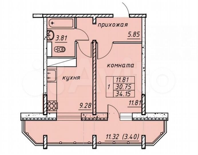 1-к. квартира, 34,2 м², 3/12 эт.
