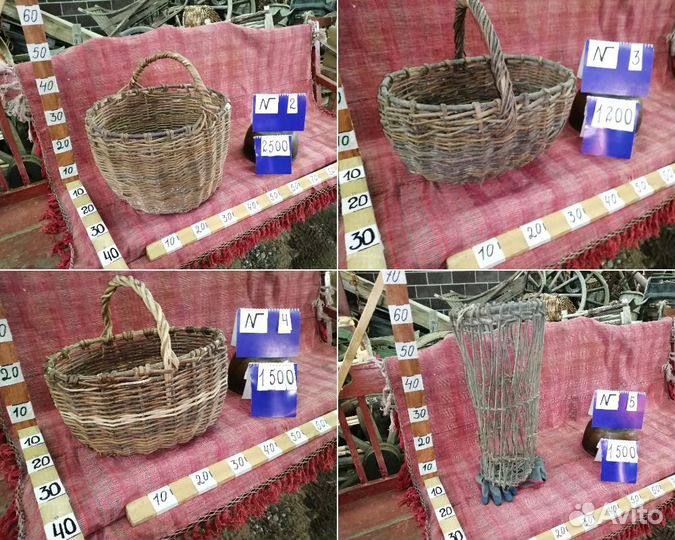 Старинные корзина рубель чугунок бутыль ухват