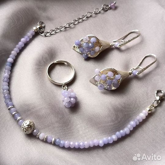 Комплект серьги браслет кольцо агат натуральный