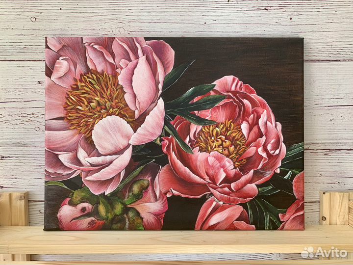 Картина акрилом на холсте цветы «Пионы»