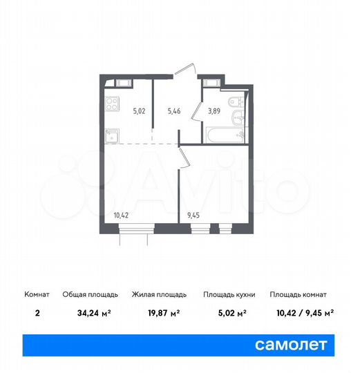 2-к. квартира, 34,2 м², 5/12 эт.
