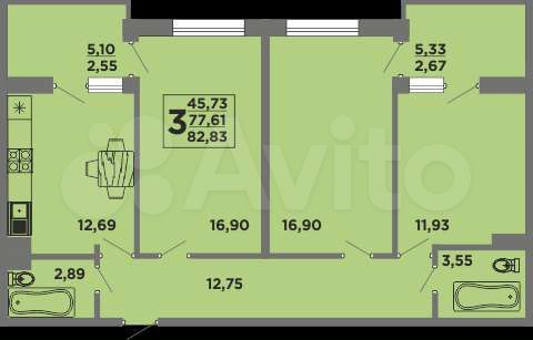 3-к. квартира, 82,8 м², 6/7 эт.