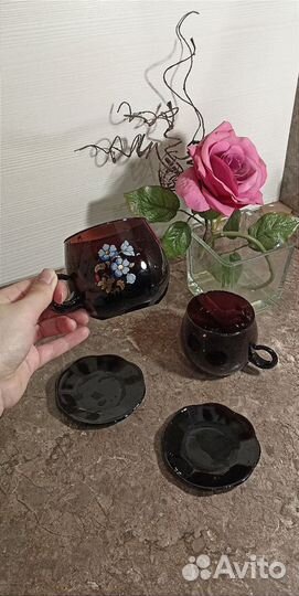 Новая чайная пара сервиз цветное тёмное стекло