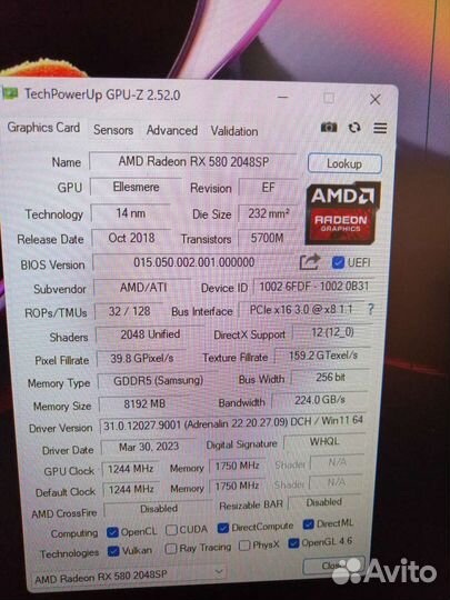 Видеокарта amd rx580 8gb 2048sp