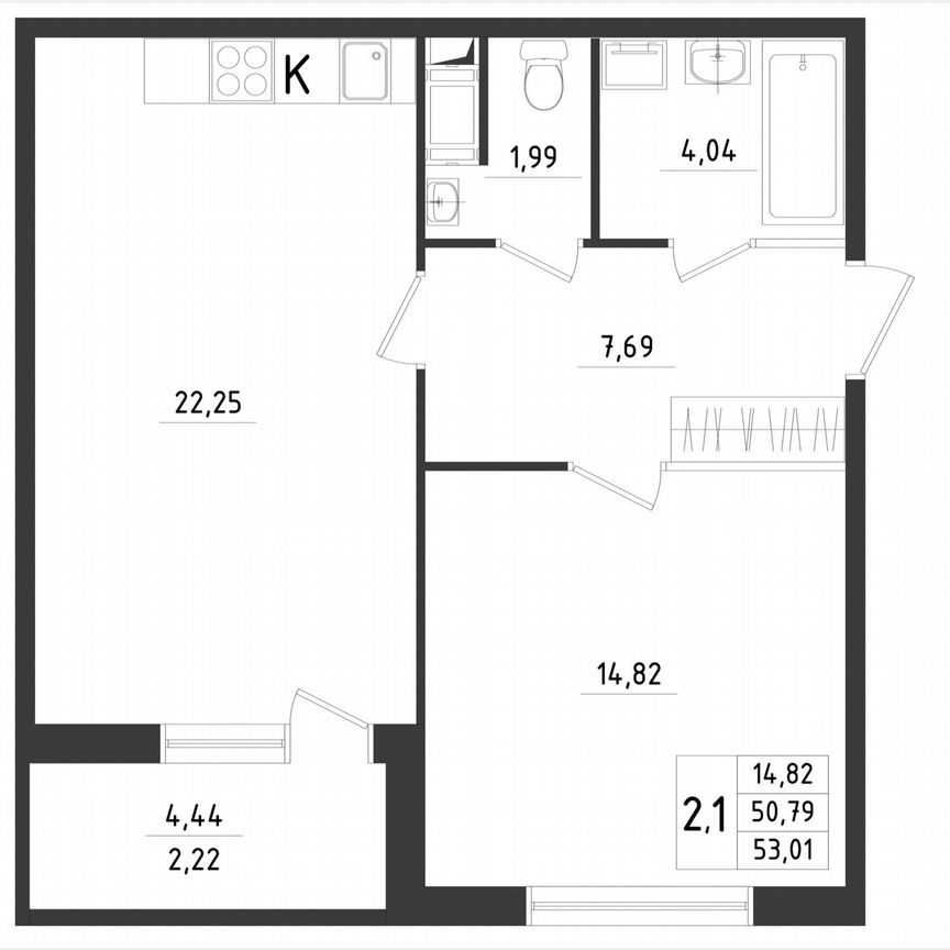 2-к. квартира, 53 м², 3/8 эт.