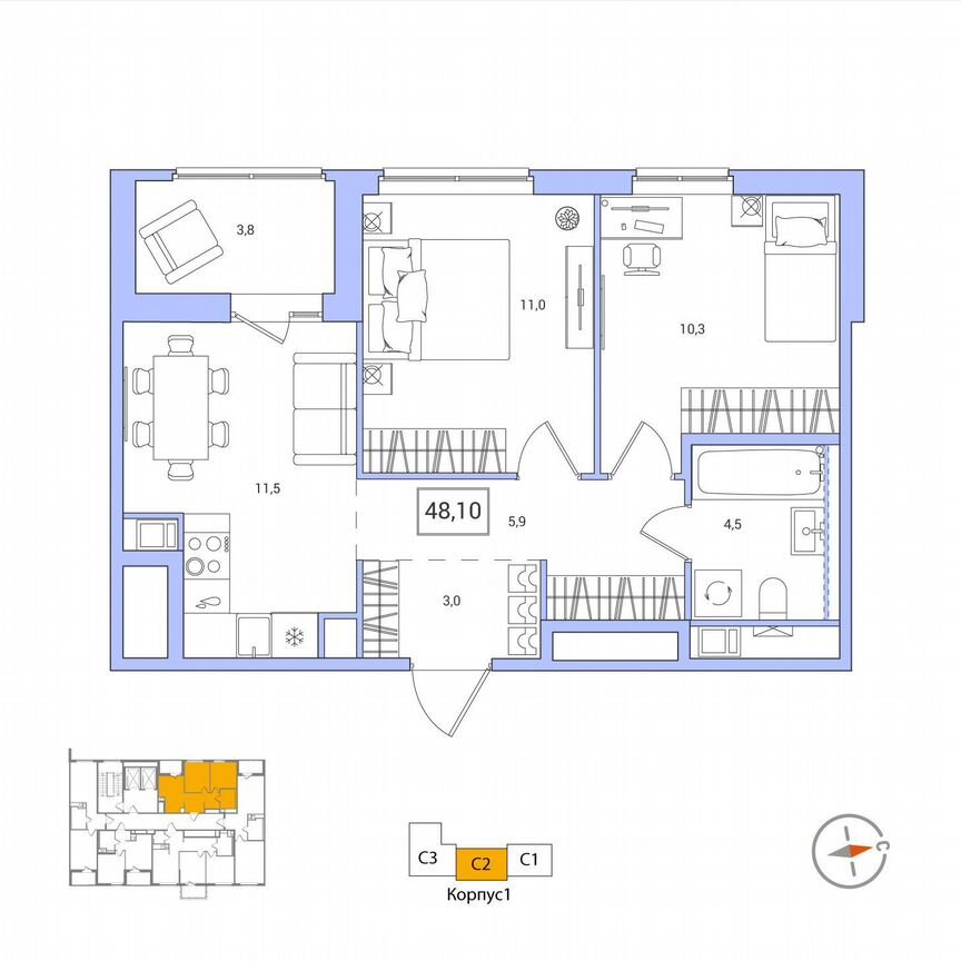 2-к. квартира, 48,1 м², 7/12 эт.