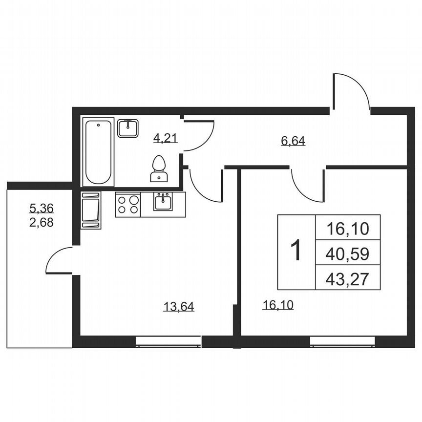 1-к. квартира, 43,3 м², 13/19 эт.