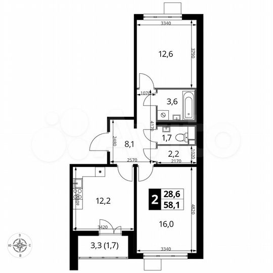 2-к. квартира, 58,1 м², 4/15 эт.