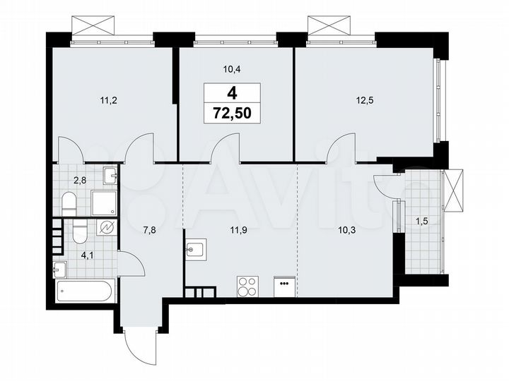 4-к. квартира, 72,5 м², 5/16 эт.