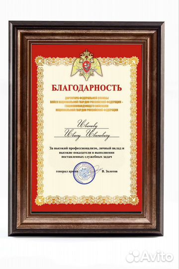 Росгвардия Золотов Благодарность бланк