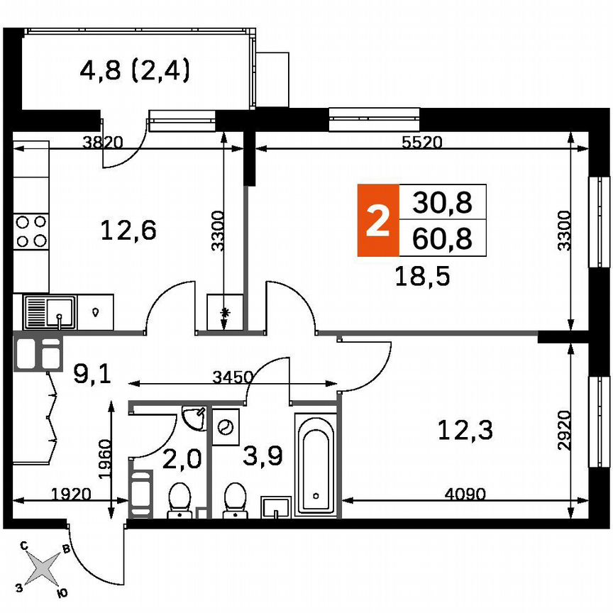 2-к. квартира, 58,4 м², 16/22 эт.