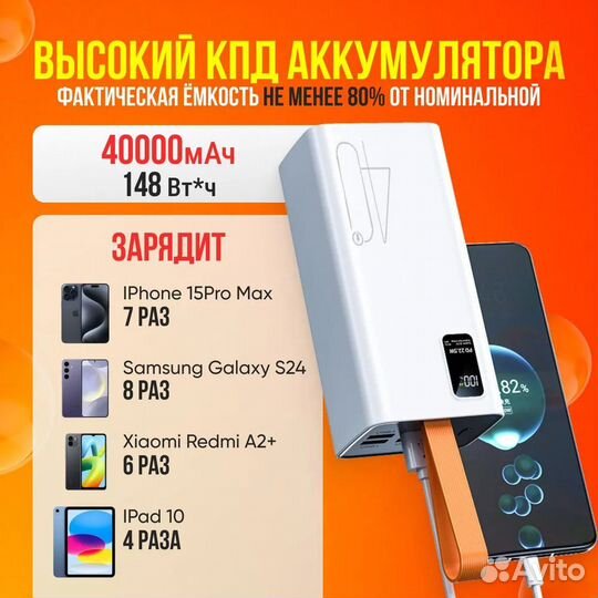 Повербанк 40000mah с быстрой зарядкой, белый