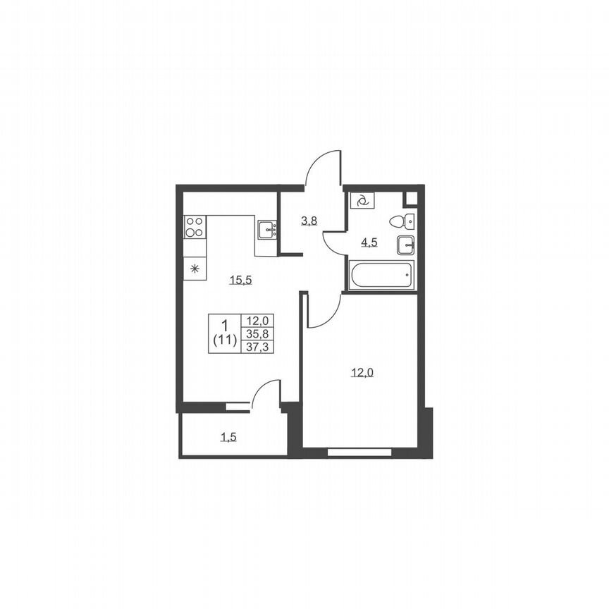 1-к. квартира, 37,3 м², 2/8 эт.
