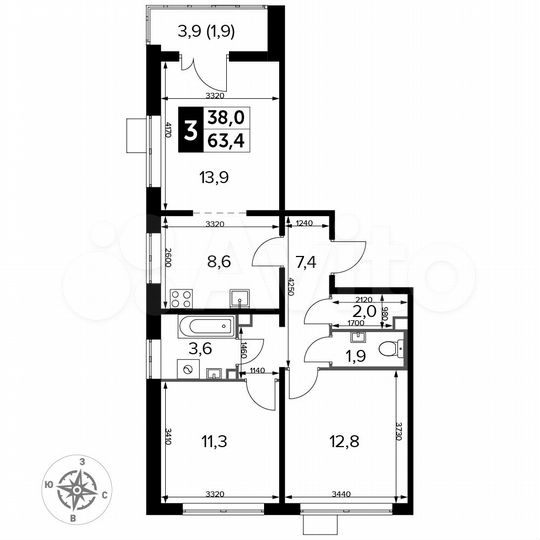 3-к. квартира, 63,4 м², 22/24 эт.