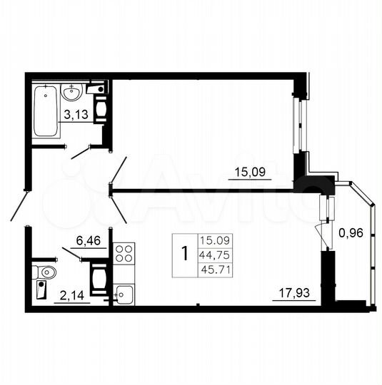 1-к. квартира, 45,7 м², 12/12 эт.
