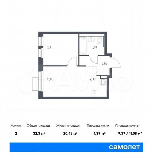 2-к. квартира, 32,3 м², 14/17 эт.
