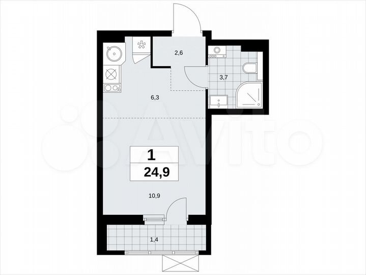 Квартира-студия, 24,9 м², 3/19 эт.