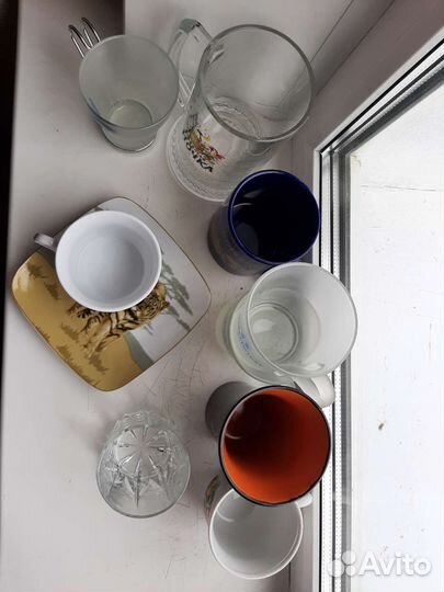 Стаканы, бокалы, тарелка, чайная пара, пив.кружка