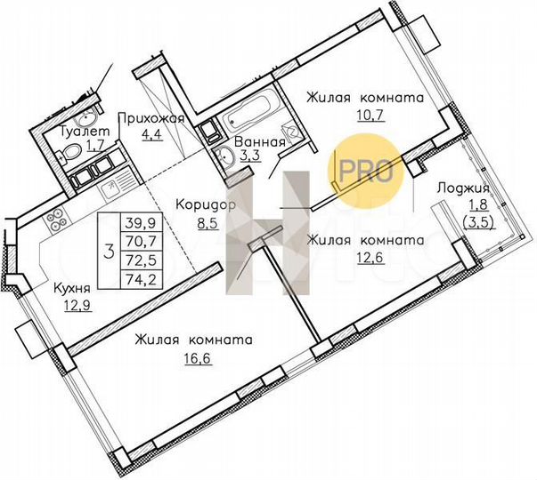 3-к. квартира, 72,5 м², 9/13 эт.