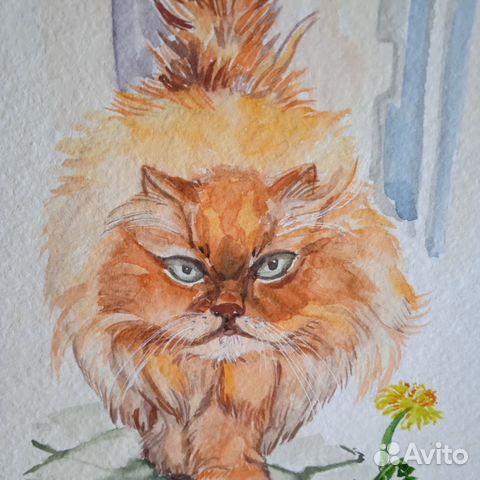 Акварель Рыжий кот Обормот